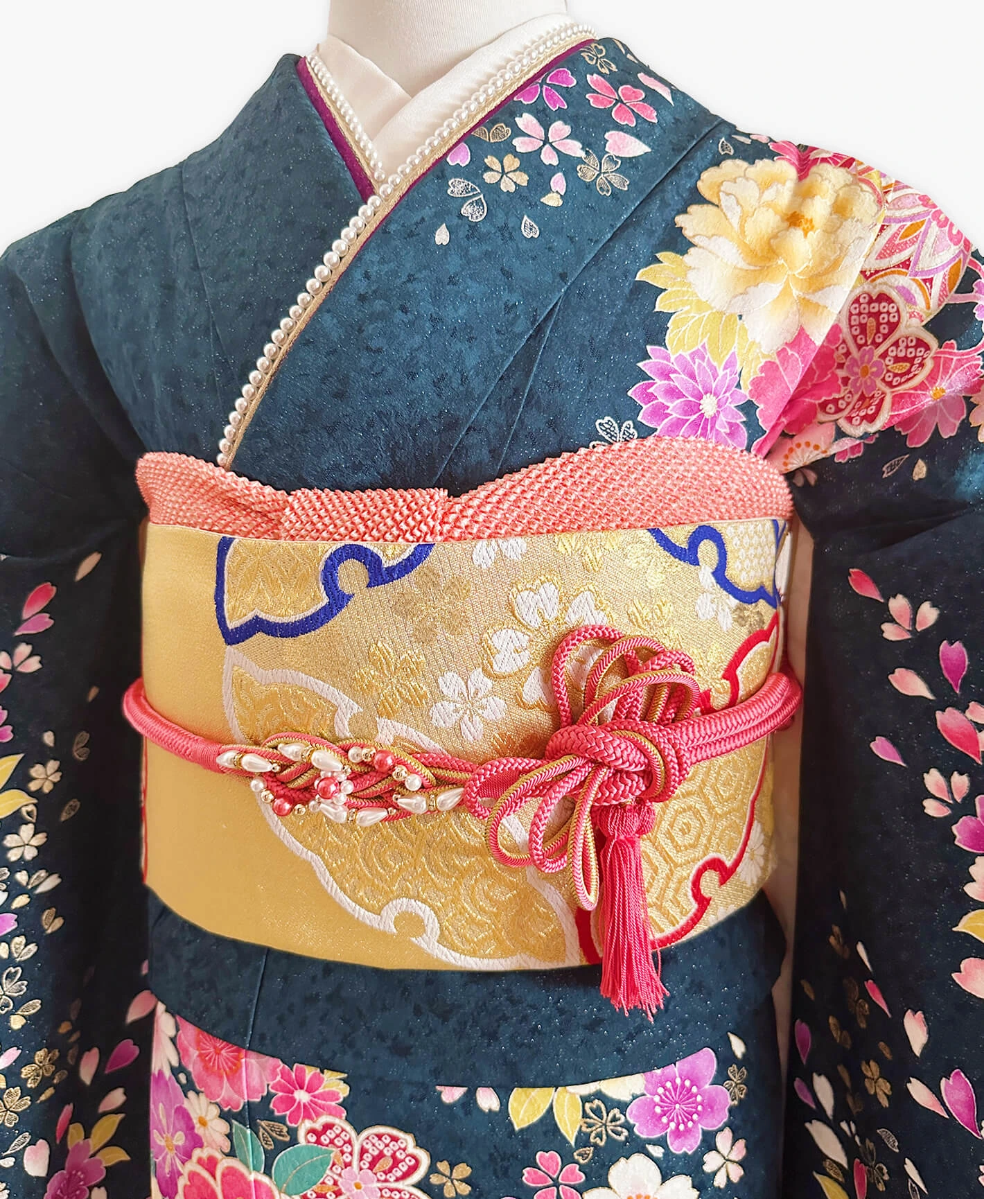 百入茶 青系 ピンク系 暈し染め 手描き 花草文 振袖 - 画像 3
