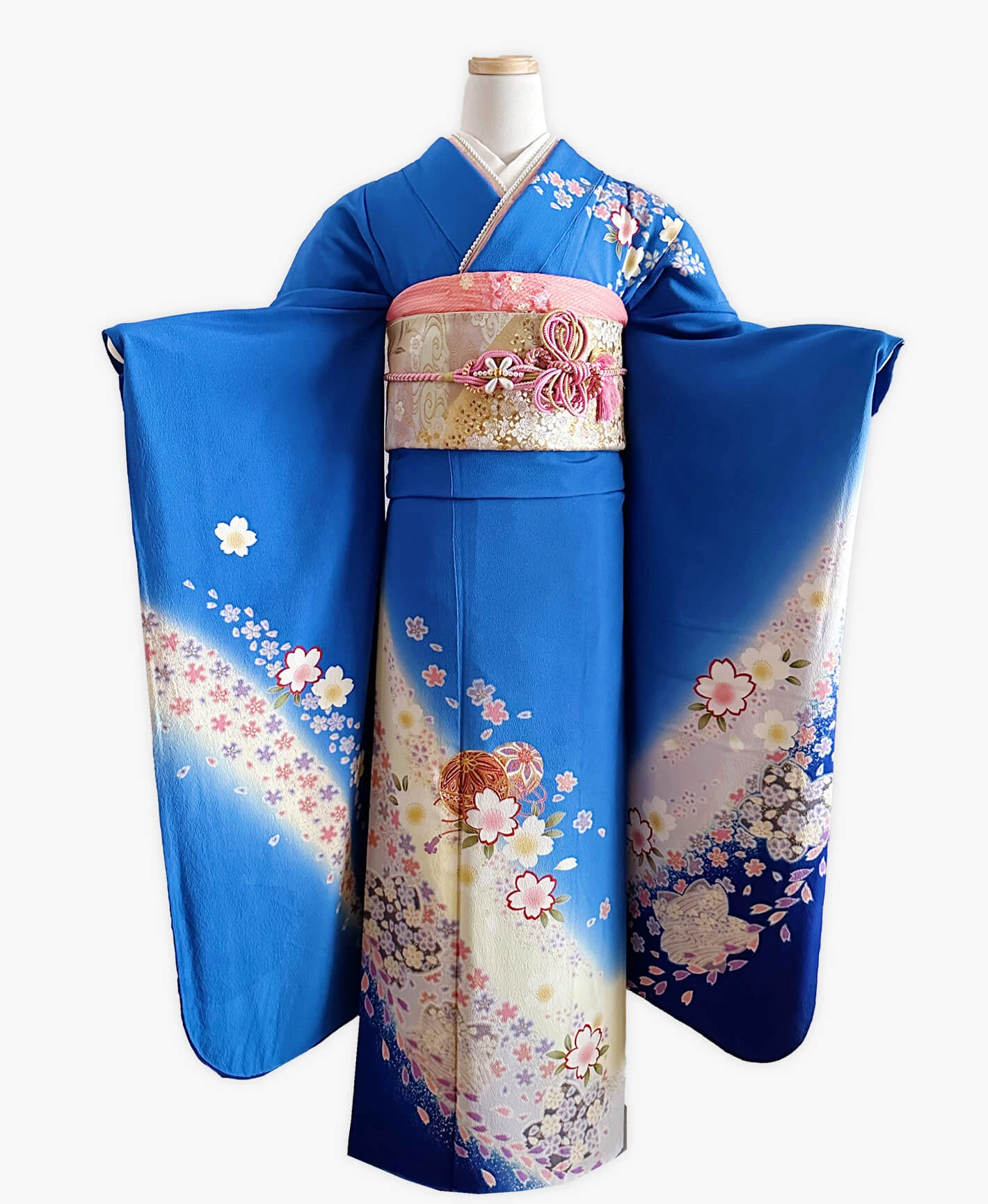 瑠璃色 青系 暈し染め 駒刺繍 櫻 手毬 振袖 - 画像 1