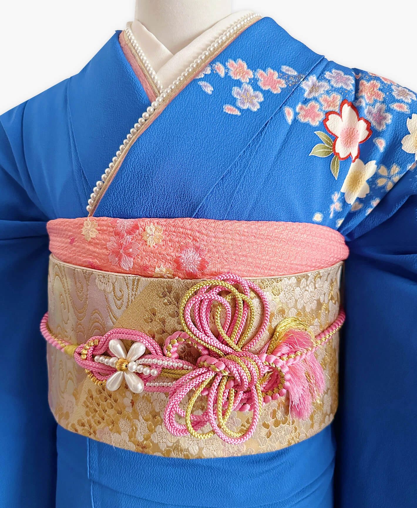 瑠璃色 青系 暈し染め 駒刺繍 櫻 手毬 振袖 - 画像 3