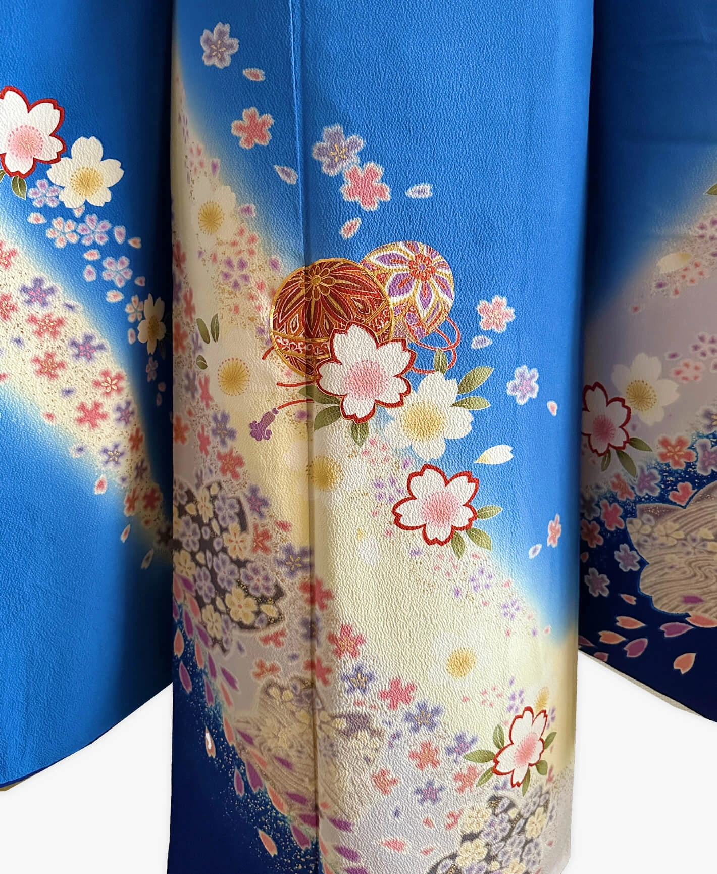 瑠璃色 青系 暈し染め 駒刺繍 櫻 手毬 振袖 - 画像 5