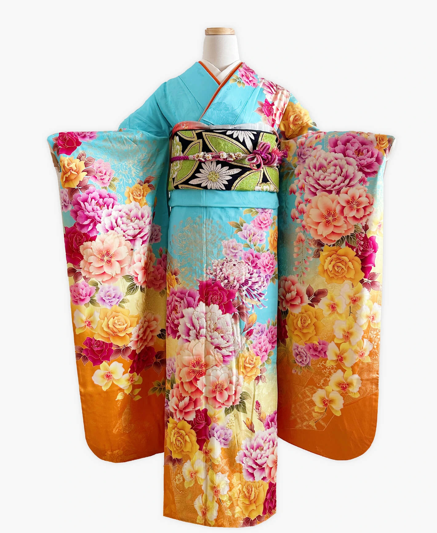 天色 青系 暈し染め 手描 洋花 振袖 - 画像 1