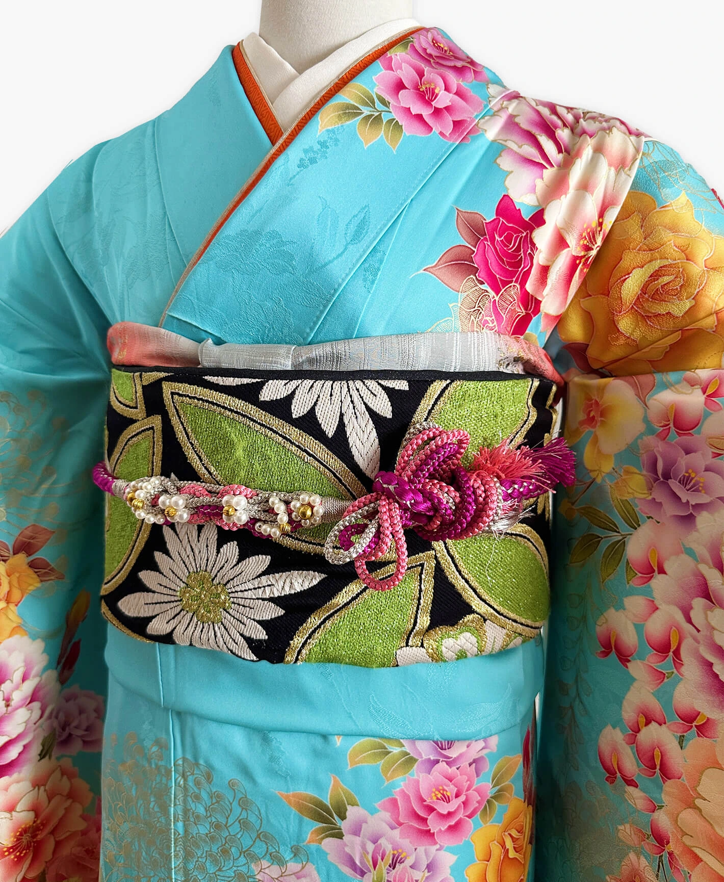 天色 青系 暈し染め 手描 洋花 振袖 - 画像 3