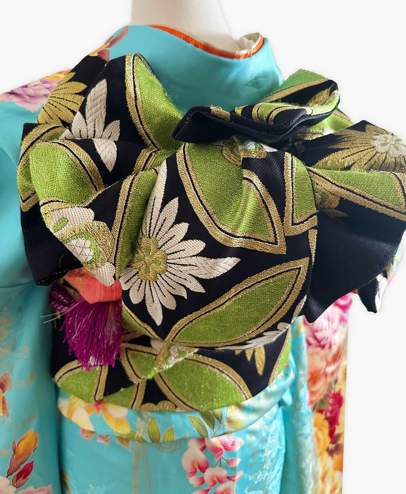 天色 青系 暈し染め 手描 洋花 振袖 - 画像 4