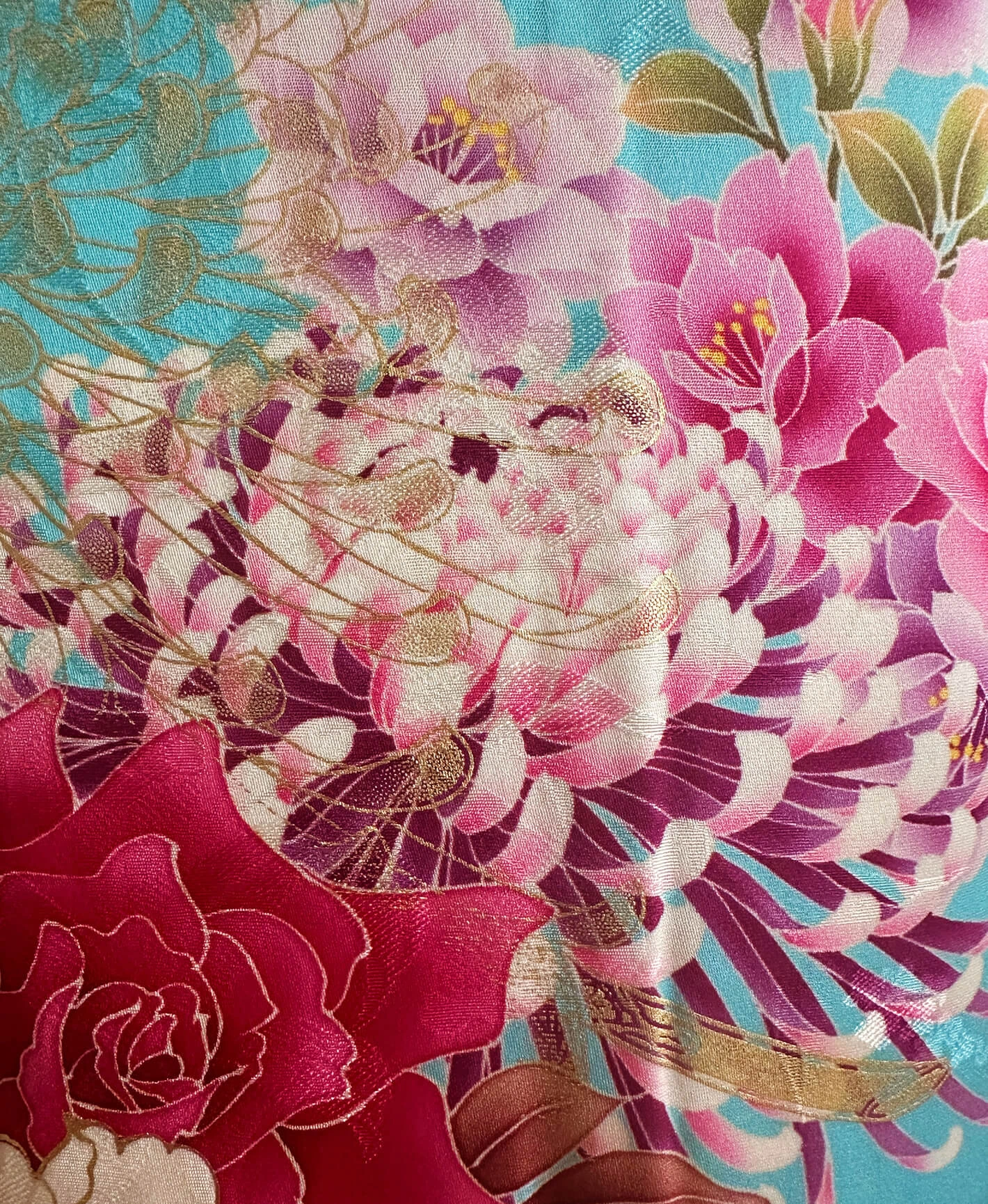 天色 青系 暈し染め 手描 洋花 振袖 - 画像 6