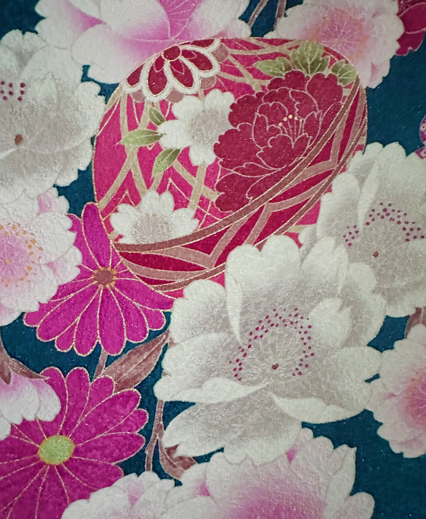 納戸色 青系 銀通 蝶 花草文 手毬 振袖 - 画像 6