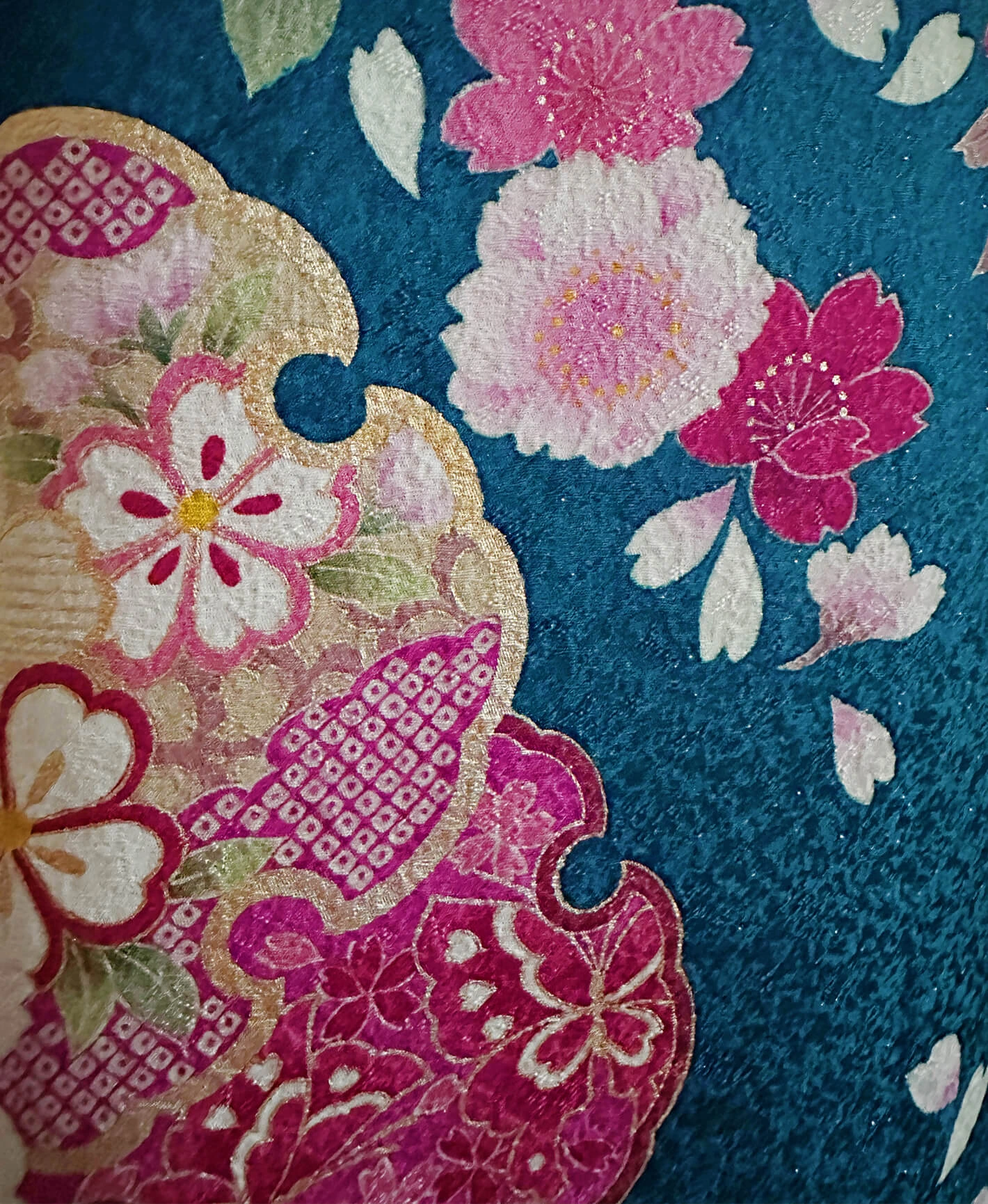 納戸色 青系 銀通 蝶 花草文 手毬 振袖 - 画像 7