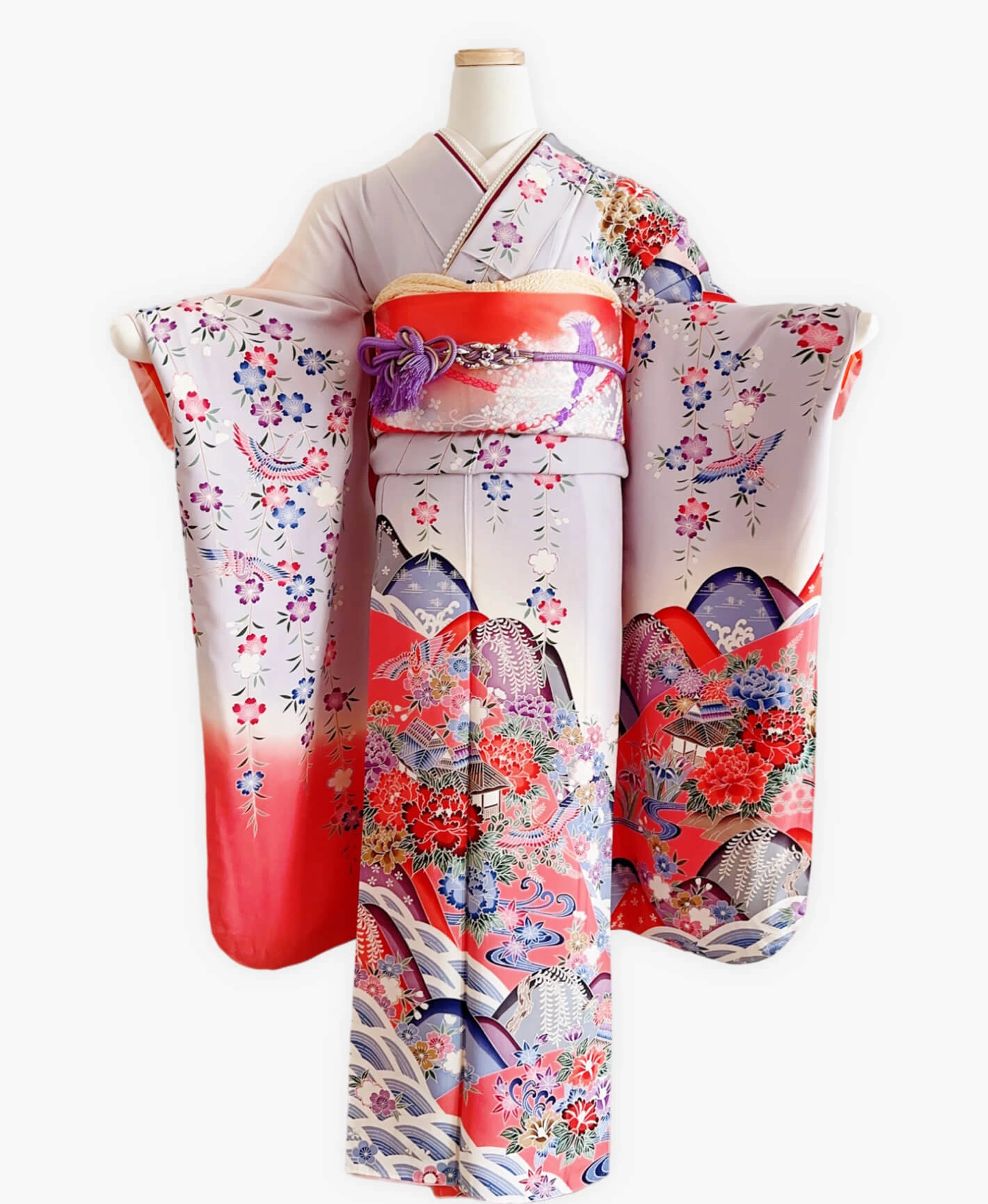 紫水晶 灰系 紅型 手描き 垂枝れ桜 花鳥 風景 振袖レンタル