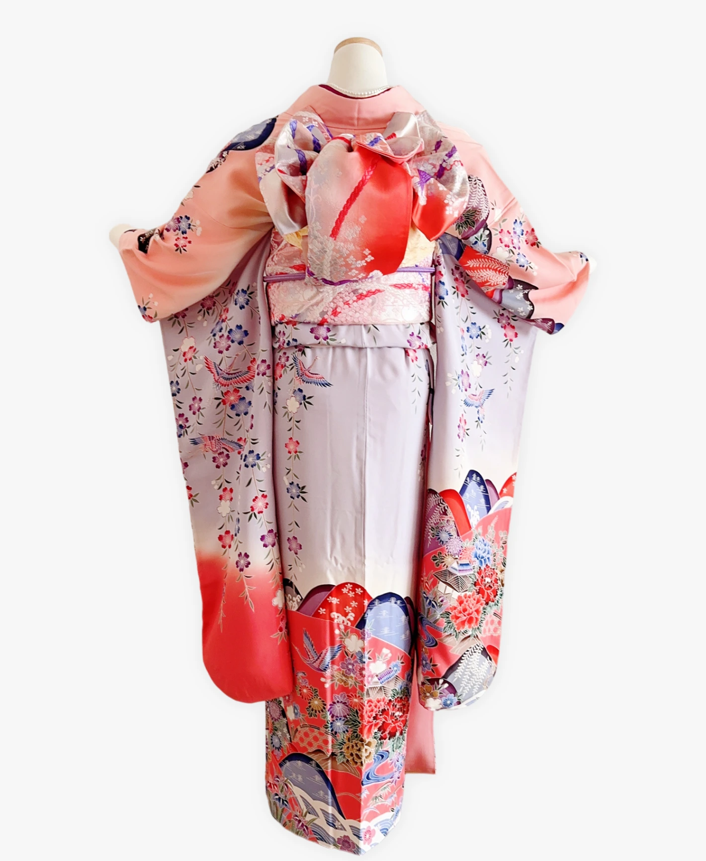 紫水晶 灰系 紅型 手描き 垂枝れ桜 花鳥 風景 振袖レンタル