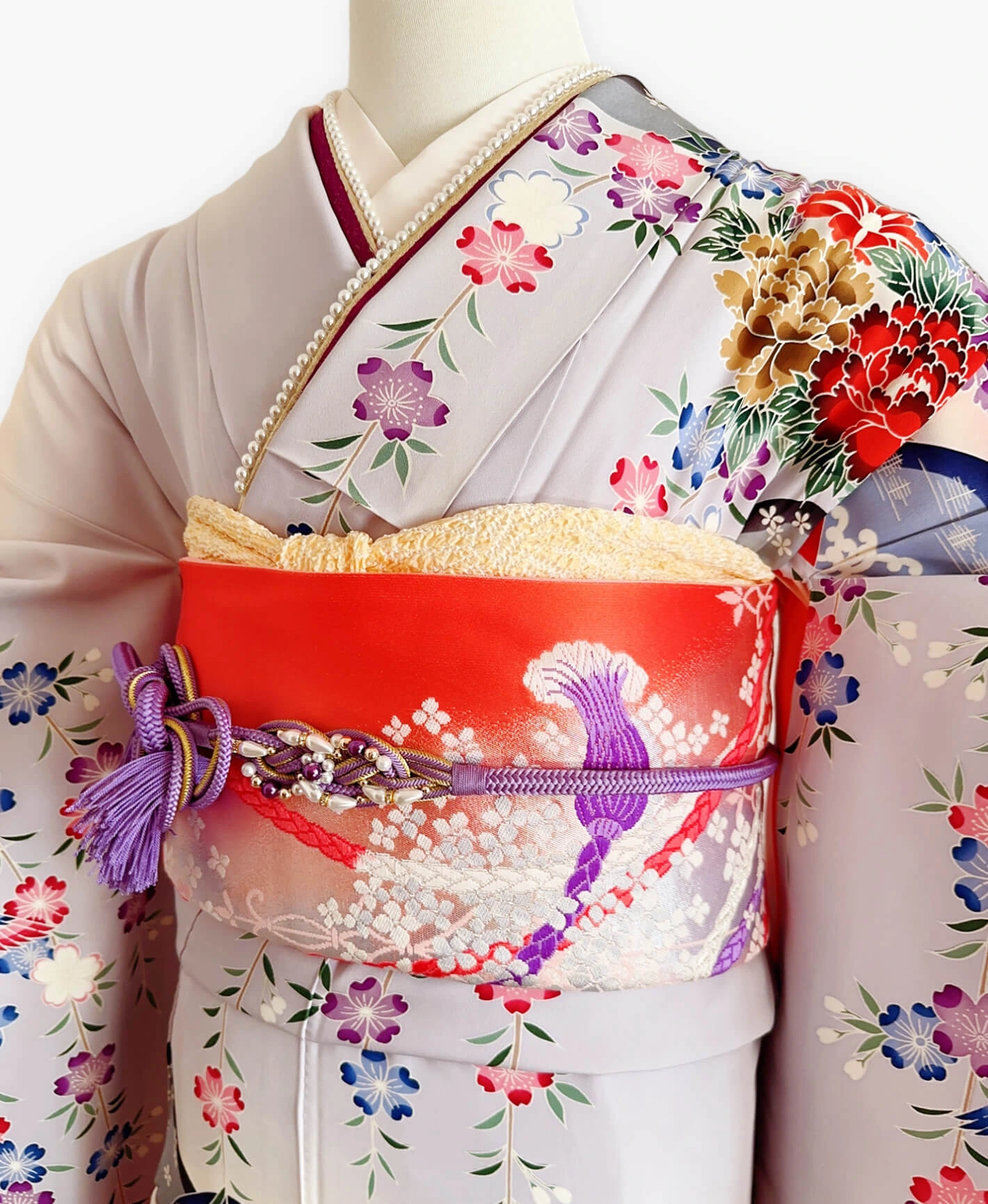 紫水晶 灰系 紅型 手描き 垂枝れ桜 花鳥 風景 振袖レンタル - 画像 3