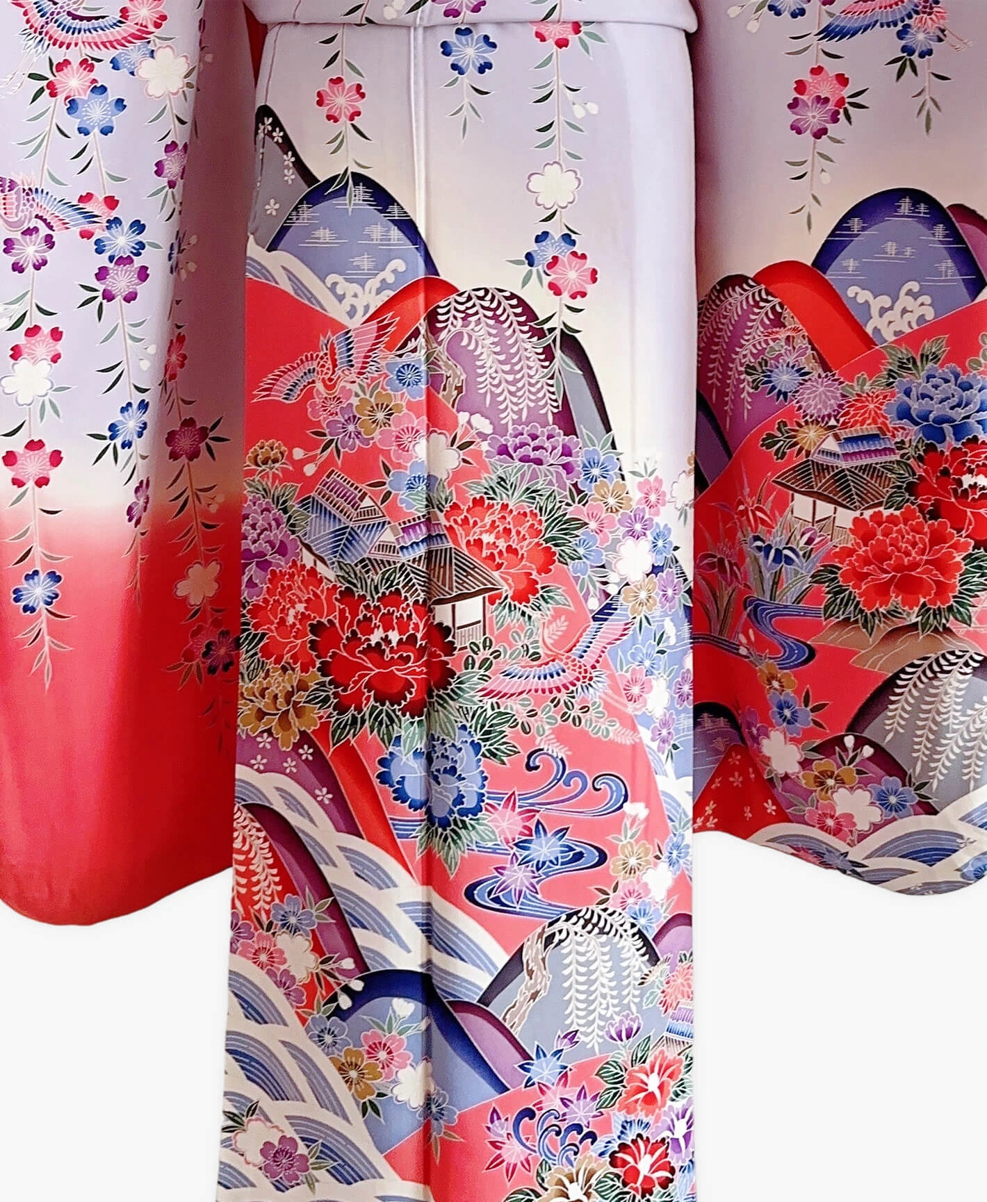 紫水晶 灰系 紅型 手描き 垂枝れ桜 花鳥 風景 振袖レンタル - 画像 5