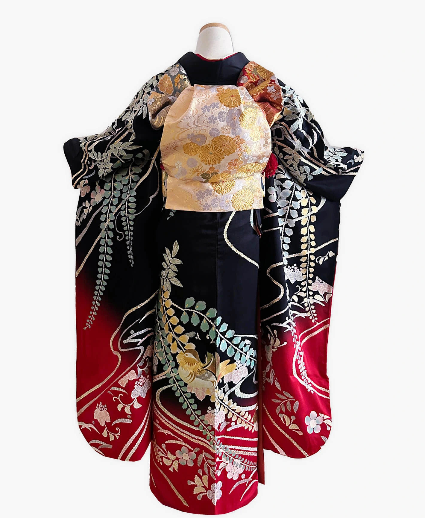 漆黒色 黒系 赤系 金彩 鴛鴦 流水 藤 五三桐 振袖 - 画像 2